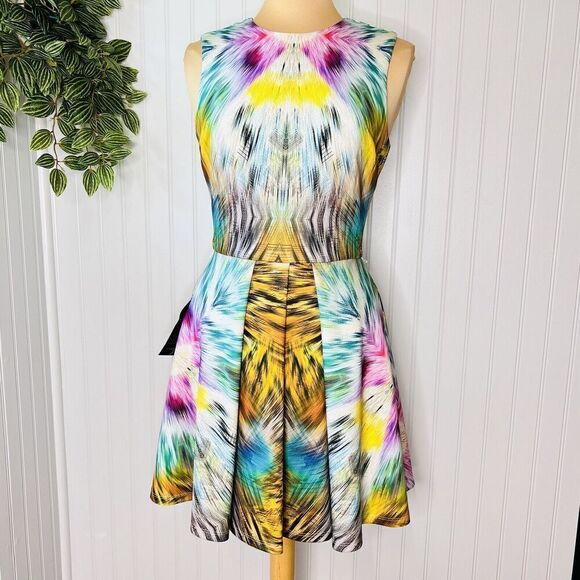 Bebe Alexis Sz M Mini Skater Dress Animal Print Tie Dye Fit Flare $139 NWT 0836 - Picture 1 of 15